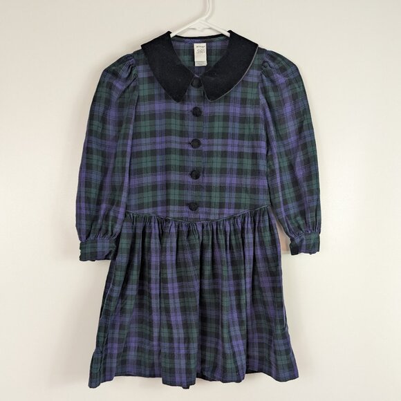 Vtg Lands End Plaid Christmas Holiday Dress Velvet Collar Green Purple Girls 7 - Picture 1 of 5